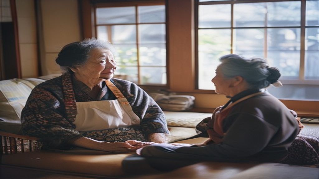 和室で高齢の女性と支え手が笑顔で語らうようす